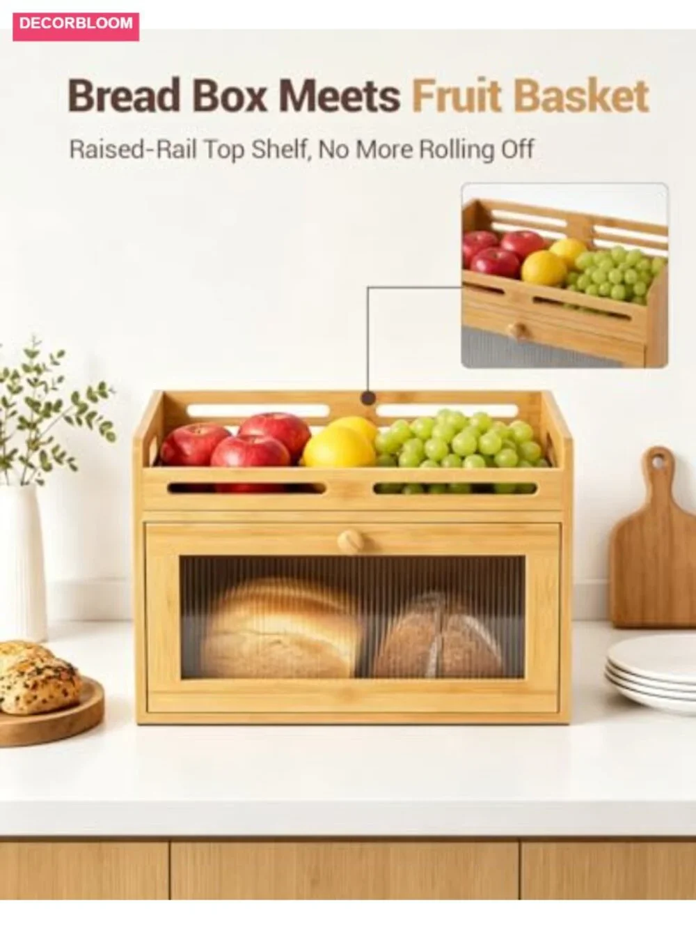 Large Bamboo Bread Box with Acrylic Window & Raised Top Shelf